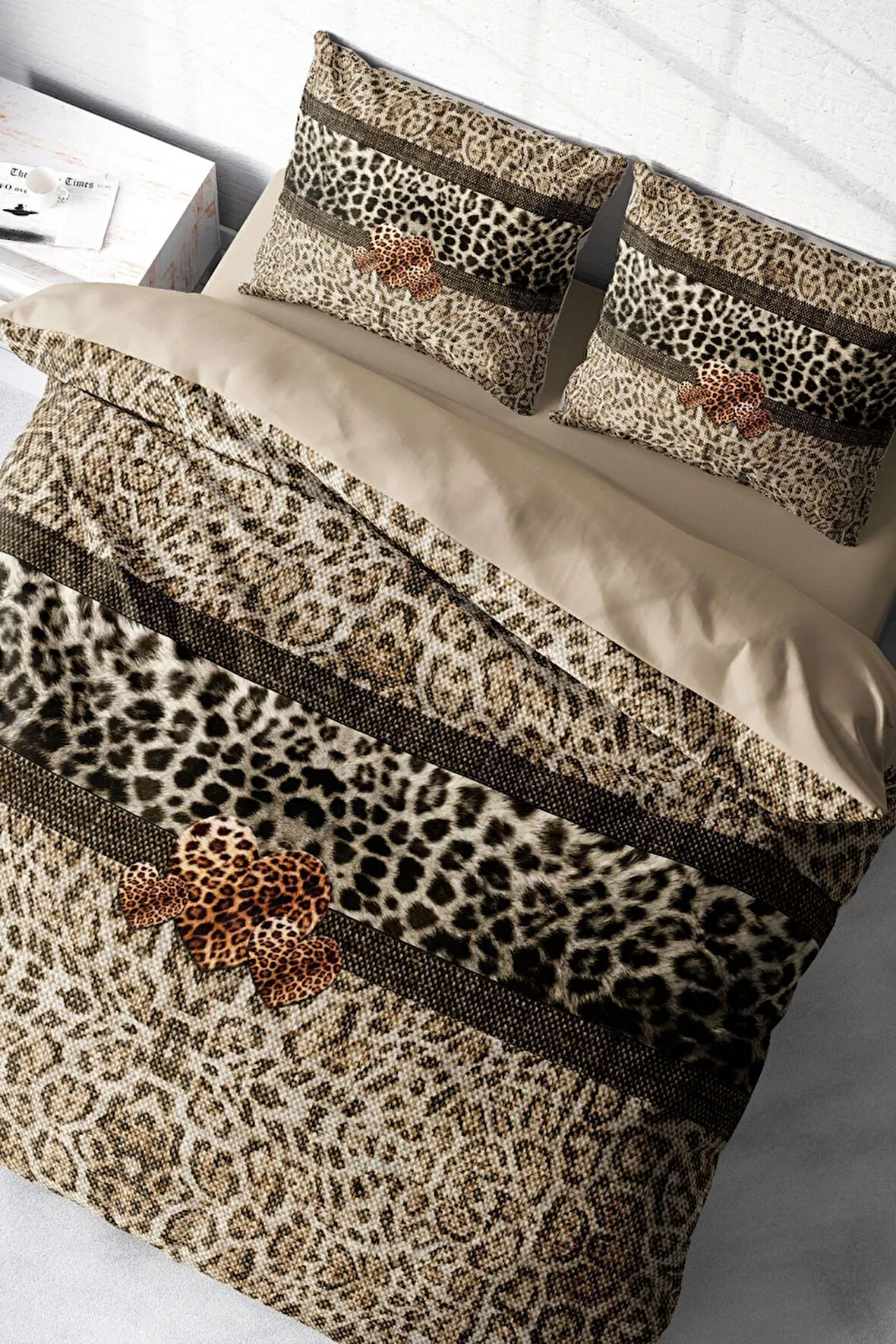 Leopar Çift Kişilik Nevresim Takımı Özel Dokuma Pamuk Saten Leopard Fabric
