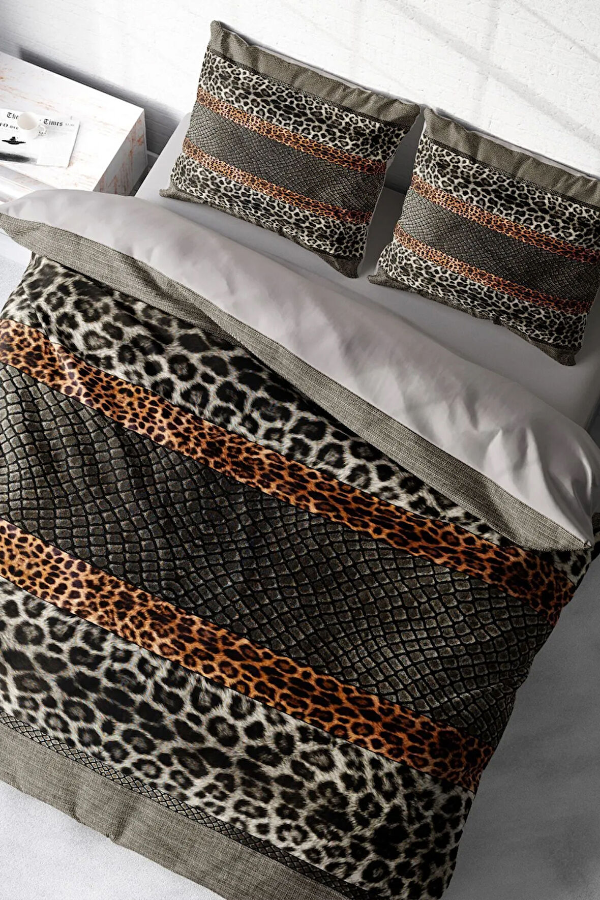 Leopar Çift Kişilik Nevresim Takımı Özel Dokuma Pamuk Saten Leopard Snake