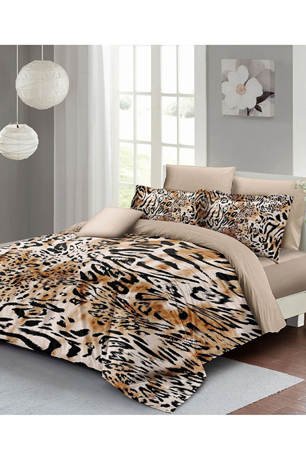 Leopar Lastikli Çarşaflı %100 Pamuk Saten Çift Kişilik Nevresim Takımı Drawing Leopard