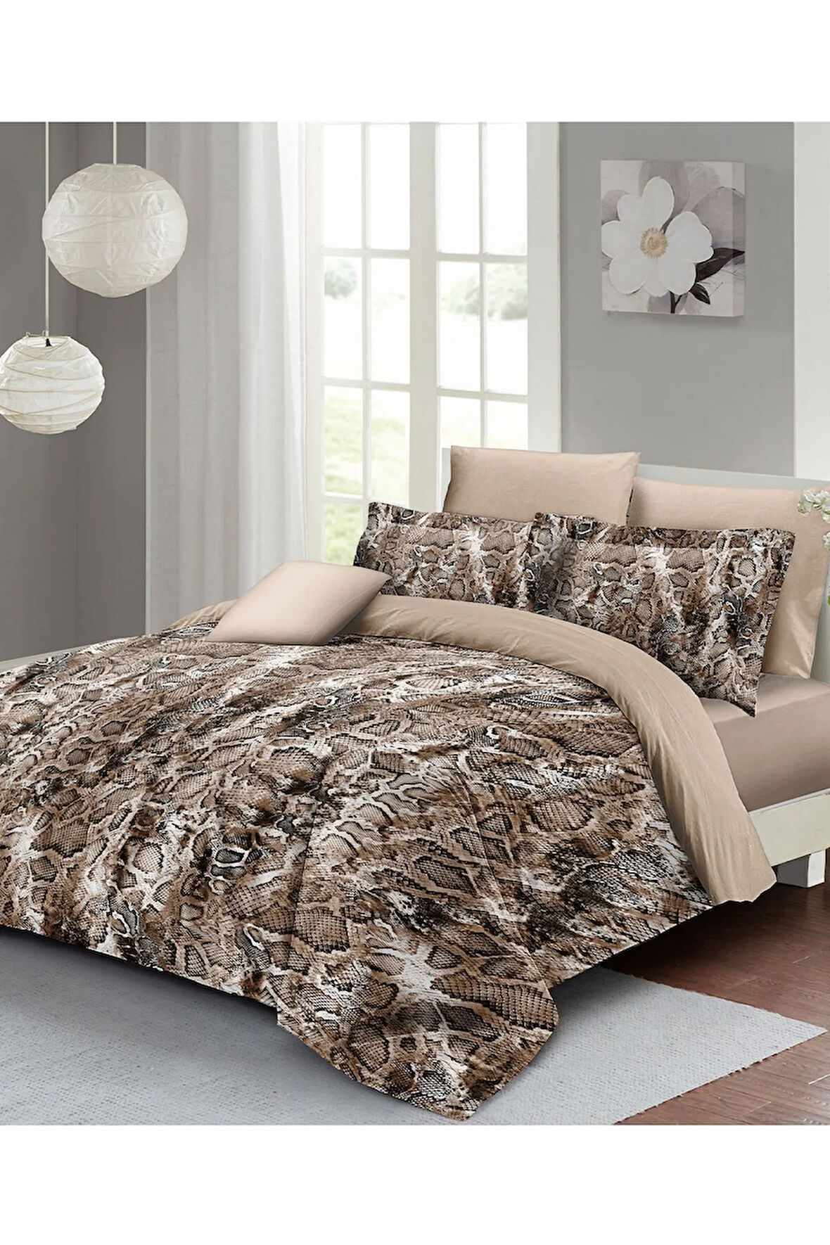 Leopar Lastikli Çarşaflı %100 Pamuk Saten Çift Kişilik Nevresim Takımı Wall Snake