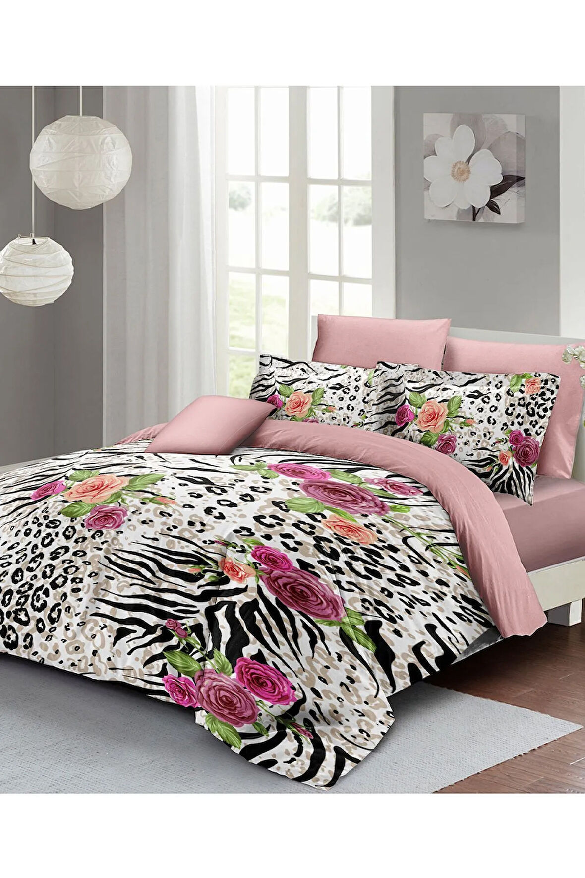 Leopar Lastikli Çarşaflı %100 Pamuk Saten Çift Kişilik Nevresim Takımı Zebra Flowers