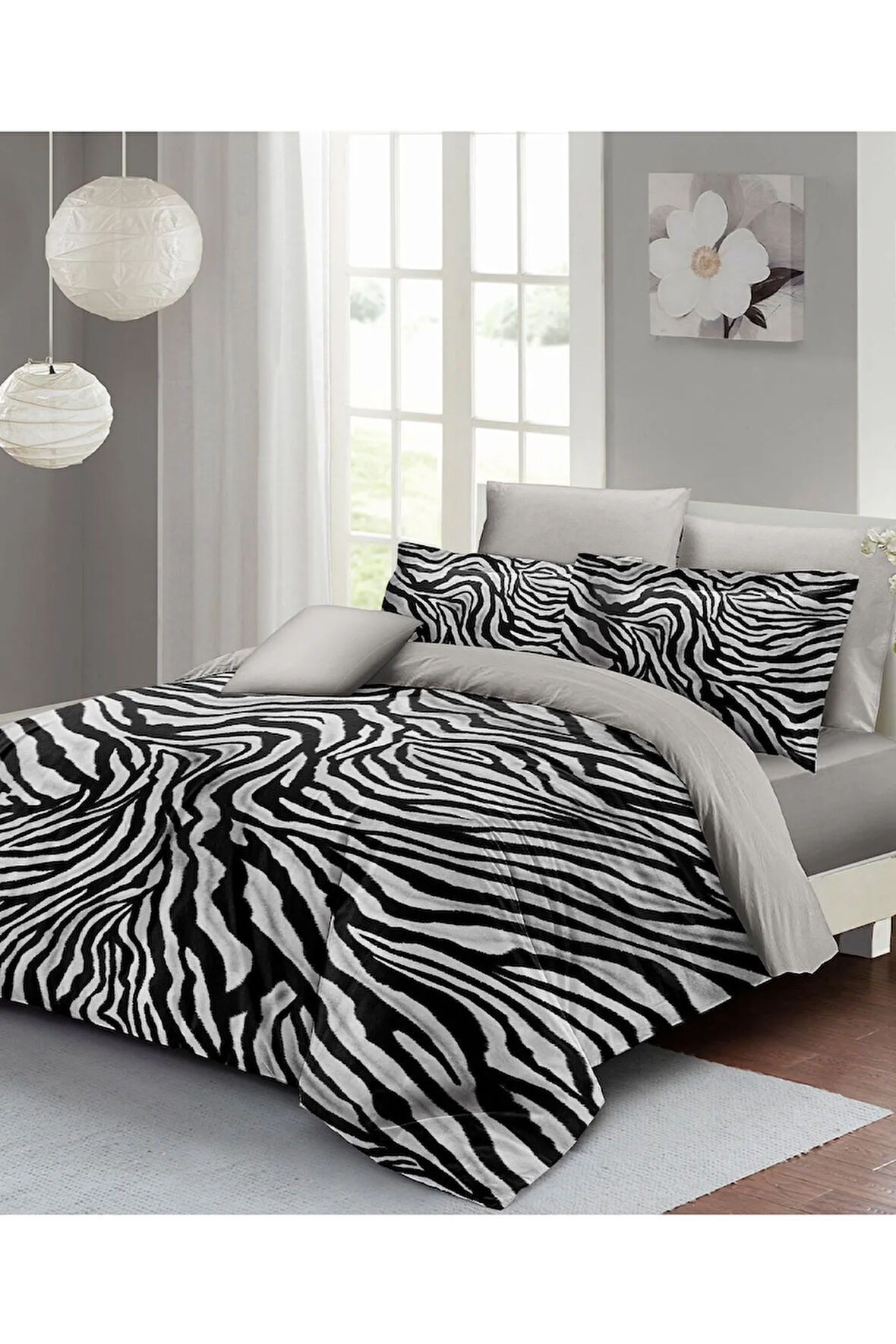 Leopar Lastikli Çarşaflı %100 Pamuk Saten Çift Kişilik Nevresim Takımı Classical Zebra