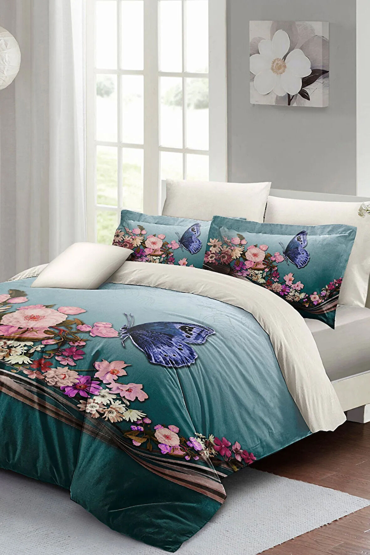 Anneler Günü Nevresim Takımı (Lastikli Çarşaflı) Çift Kişilik %100 Pamuk Saten Blue Butterfly