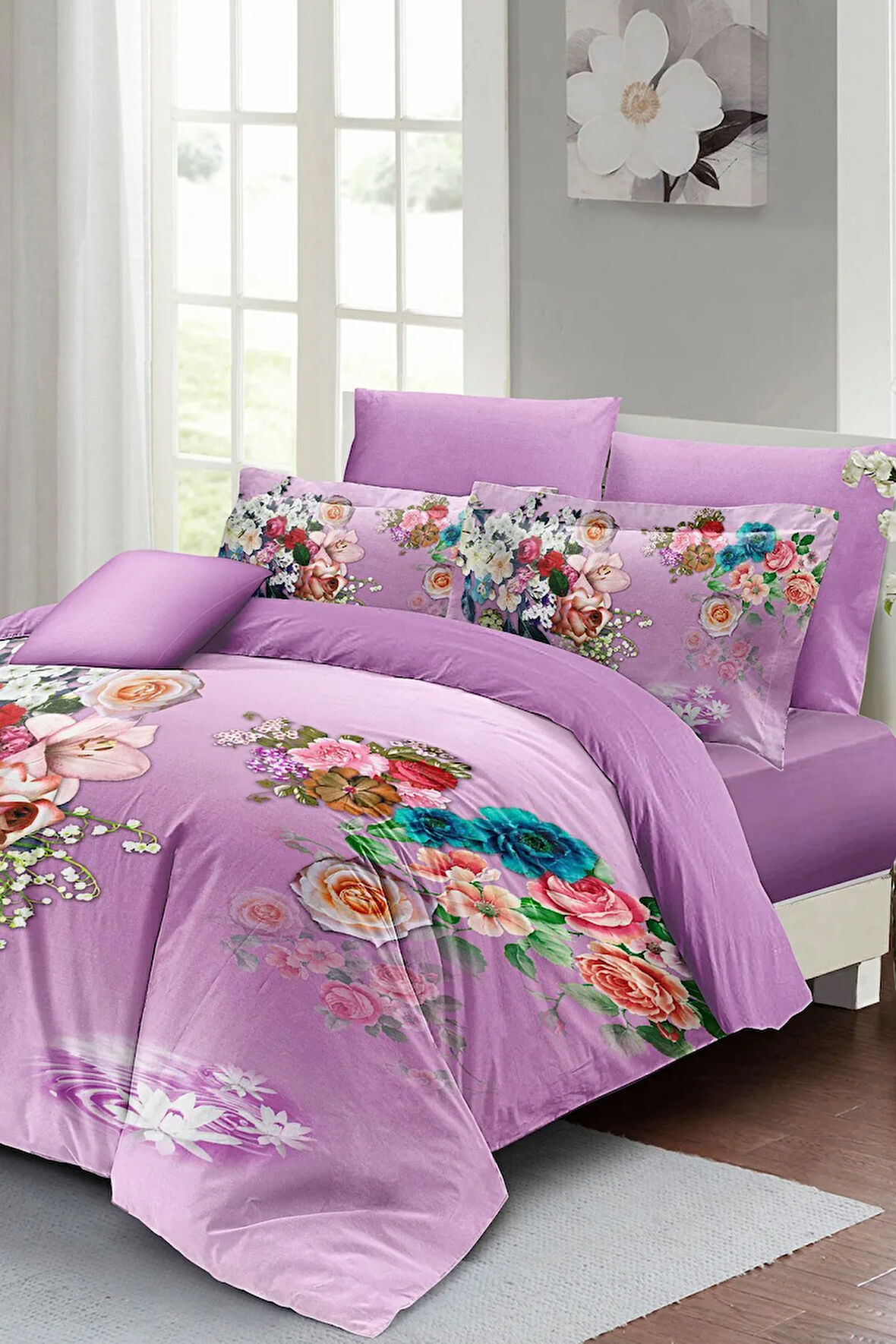 Lastikli Çarşaflı %100 Pamuk Saten Çift Kişilik Nevresim Takımı Çiçekli Lila