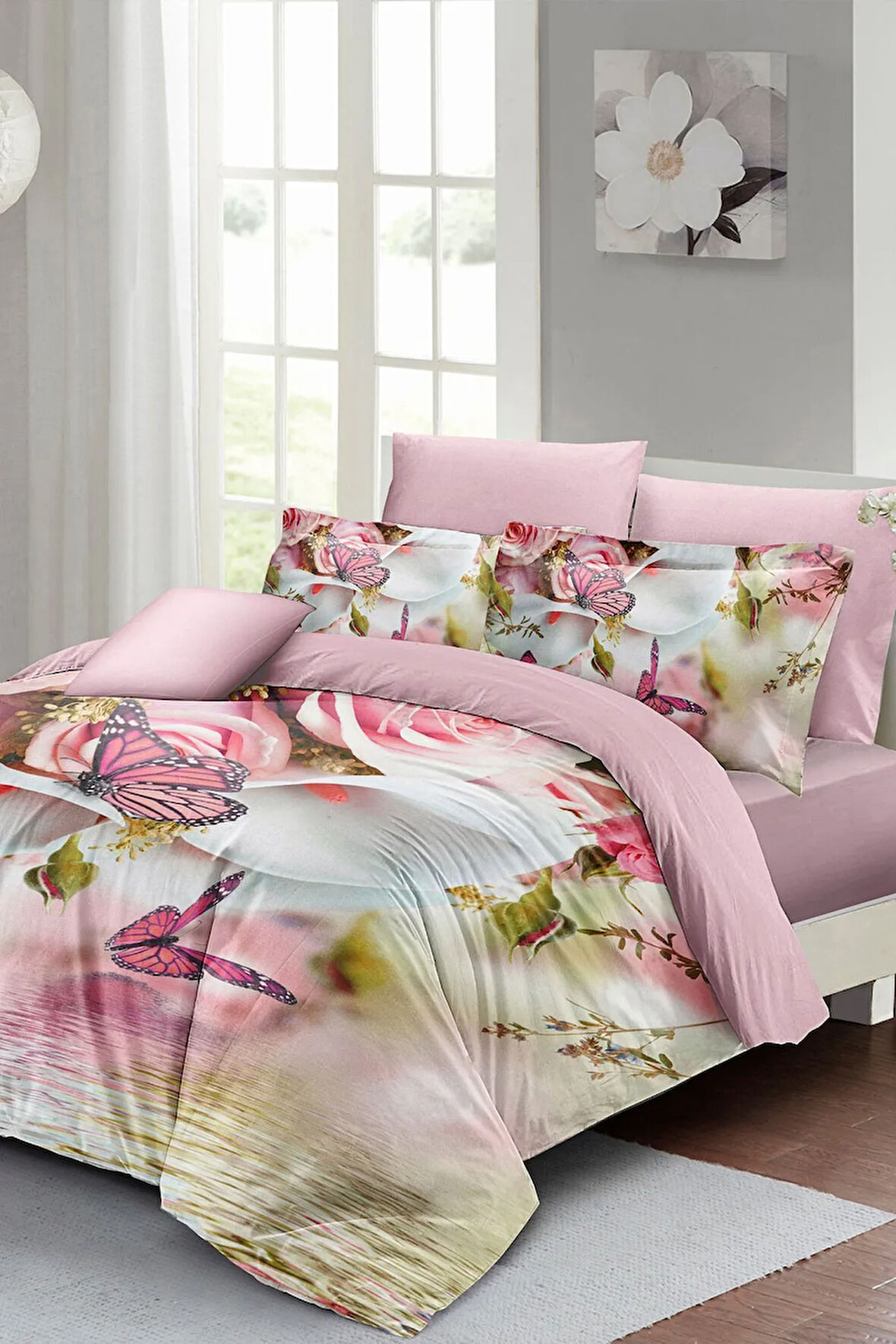 Anneler Günü Çift Kişilik Nevresim Takımı Özel Dokuma Pamuk Saten Luxury Butterflies