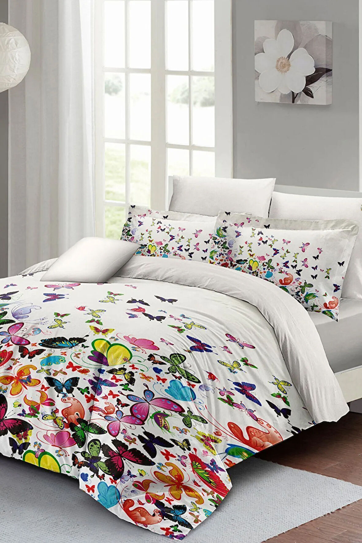 Çift Kişilik Nevresim Takımı Özel Dokuma Pamuk Saten Colorfull Butterfly
