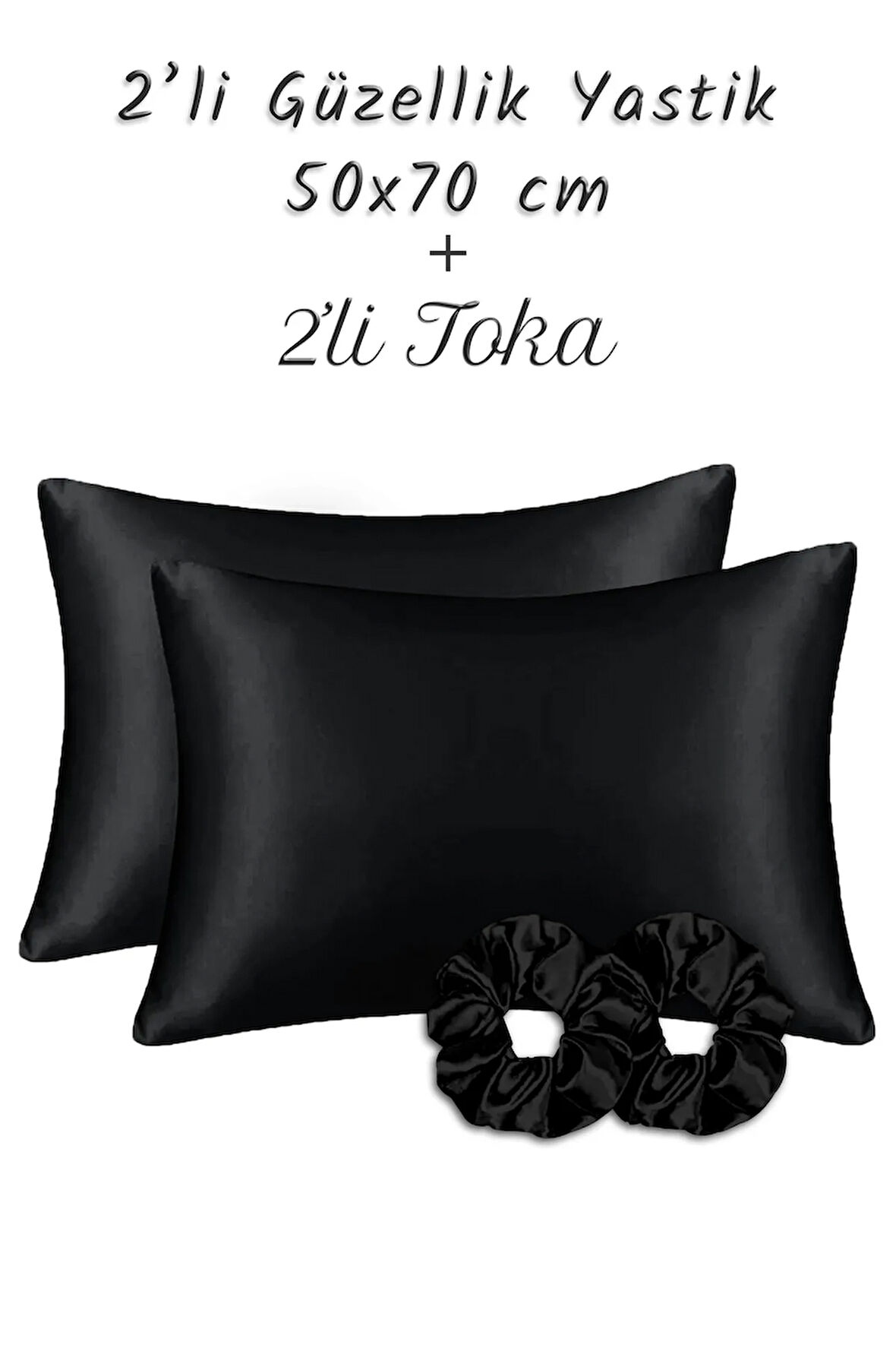 İpek Saten Yastık Kılıfı 2 Adet 50x70cm 2 Adet Saten Tokalı Siyah