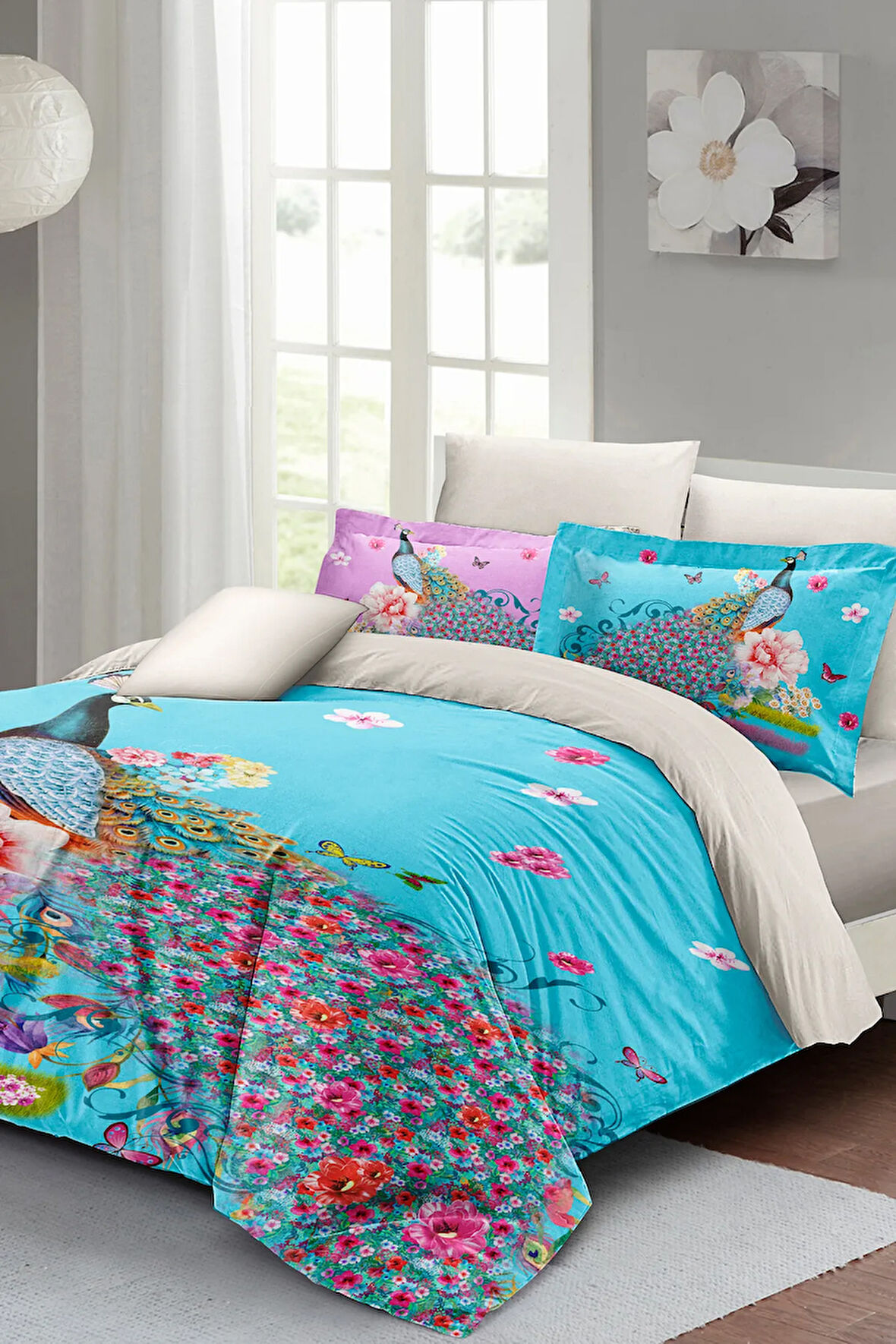 Çift Kişilik Nevresim Takımı Özel Dokuma Pamuk Saten Çiçekli Tavus