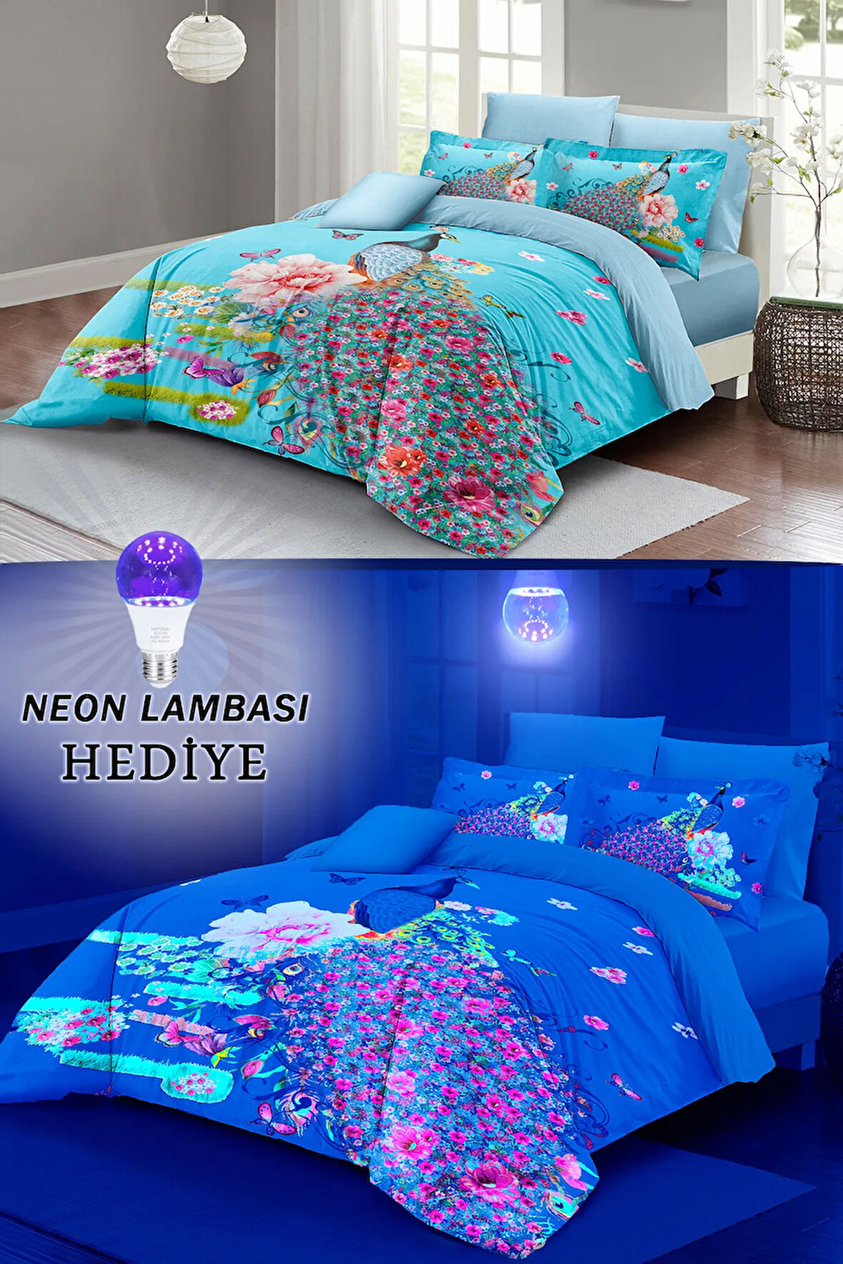 Neonlu Fosforlu Nevresim Takımı (Lastikli Çarşaflı) Çift Kişilik %100 Pamuk Saten Flowered peacock