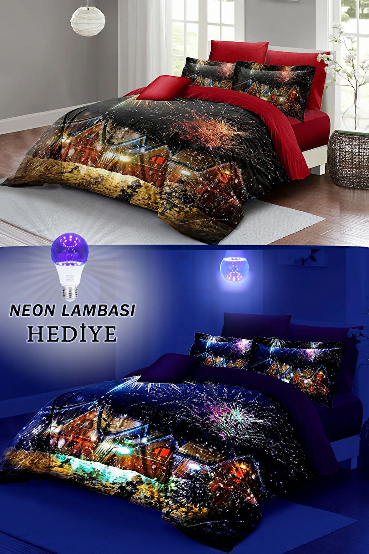 Yılbaşı Neonlu Fosforlu Nevresim Takımı Çift Kişilik %100 Pamuk Saten  Nights Houses