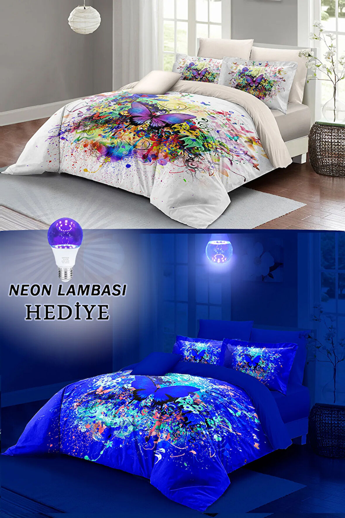 Neonlu Fosforlu Nevresim Takımı (LASTİKLİ ÇARŞAFLI) Çift Kişilik %100 Pamuk Saten Butterfly Dreams