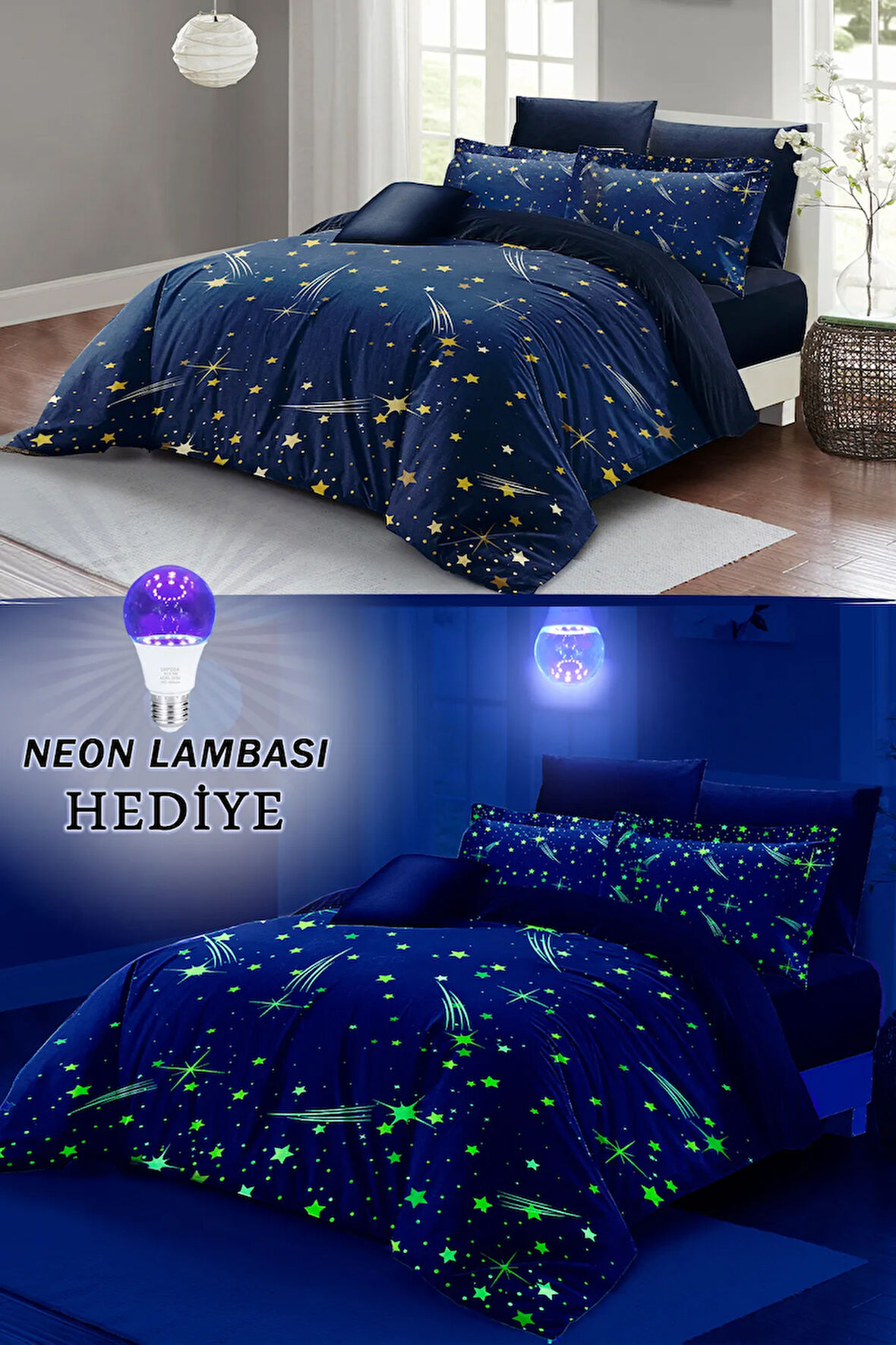 Neonlu Fosforlu Nevresim Takımı (LASTİKLİ ÇARŞAFLI) Çift Kişilik %100 Pamuk Saten Stars Dream