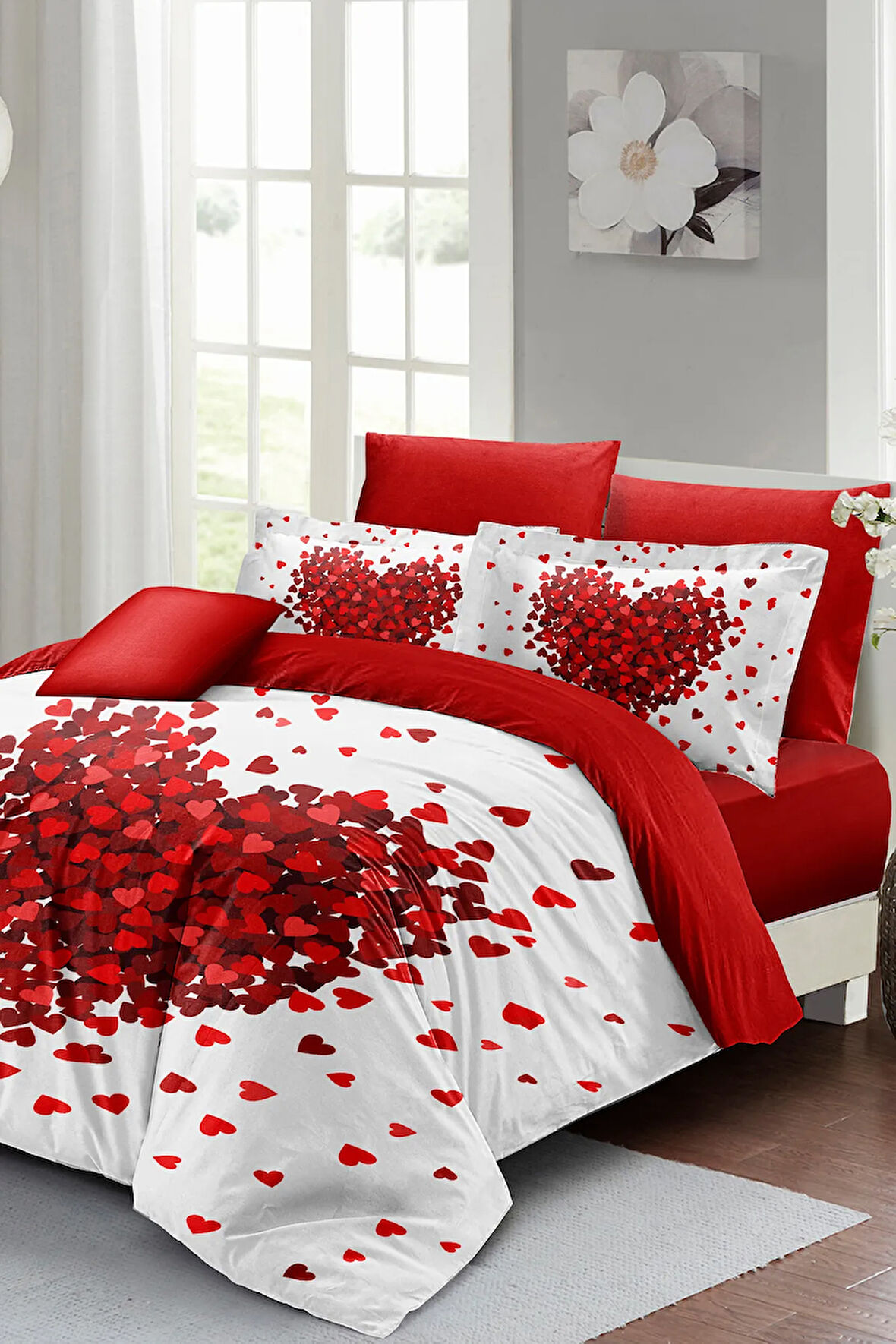 Sevgililer Günü Lastikli Çarşaflı Pamuk Saten Çift Kişilik Kalpli Nevresim Heart White
