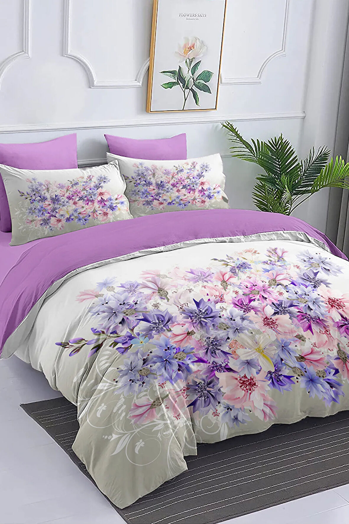 Çift Kişilik Nevresim %100 Pamuk Oeko-tex®Sertifikalı Özel Dokuma Lila Çiçekleri