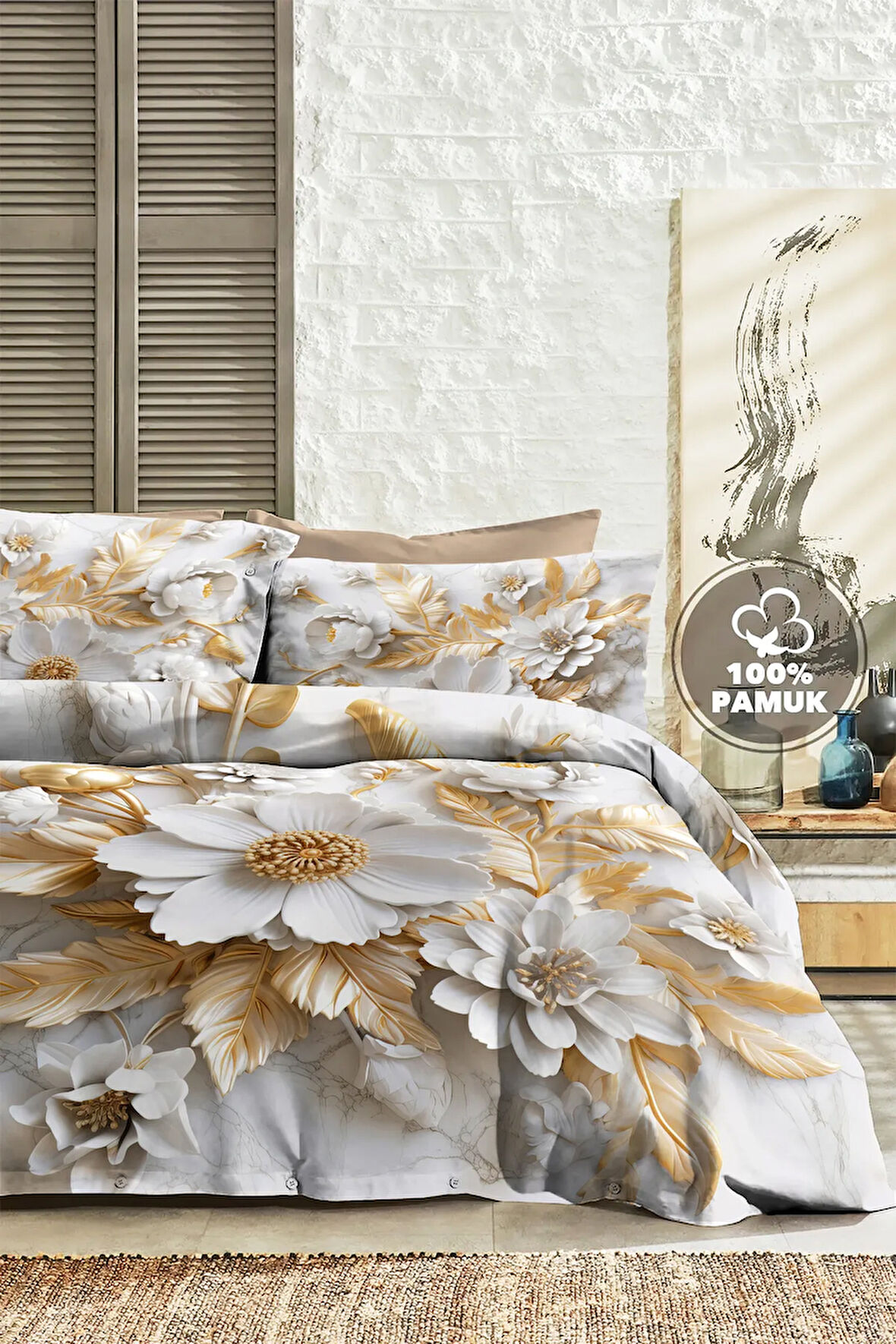 %100 PAMUK Ranforce Çeyizlik Luxury 5D Dijital Çift Kişilik Nevresim Takımı Whıte