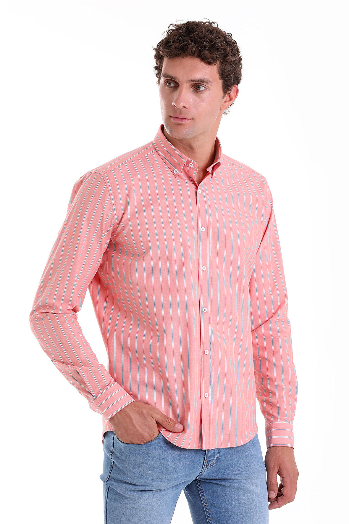 Turuncu Ç. Slim Fit Çizgili Slim Yaka Pamuklu Uzun Kollu Casual Gömlek