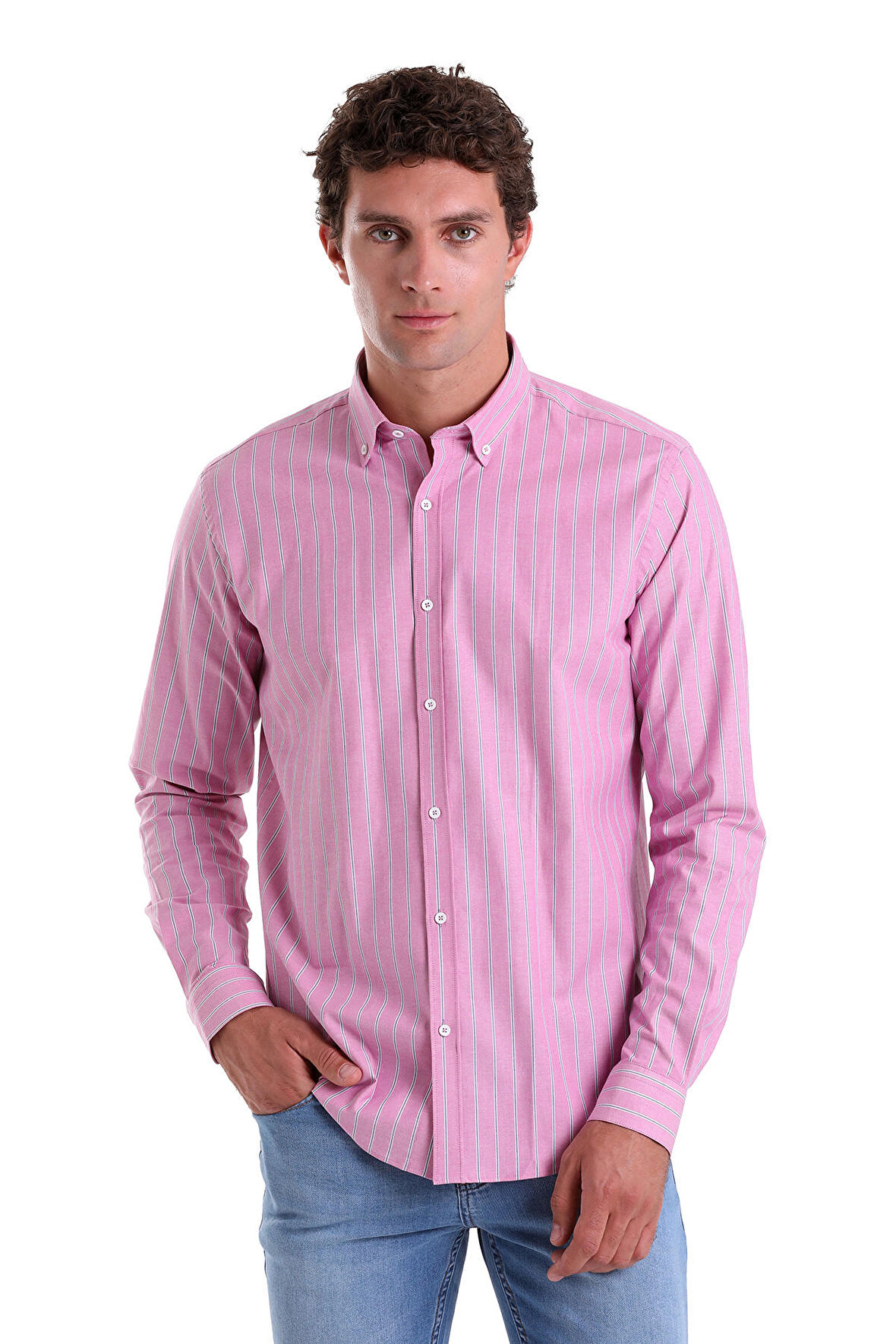 PEMBE Ç. Slim Fit Çizgili Slim Yaka Pamuklu Uzun Kollu Casual Gömlek
