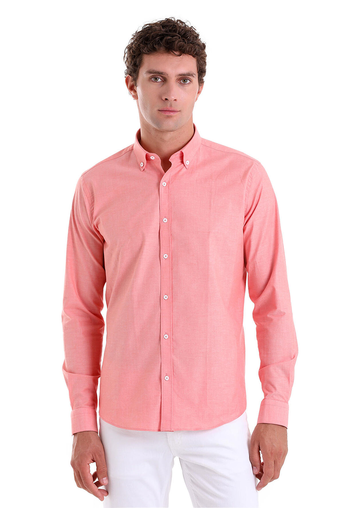 Turuncu Slim Fit Çizgili Slim Yaka 100% Pamuk Uzun Kollu Casual Gömlek