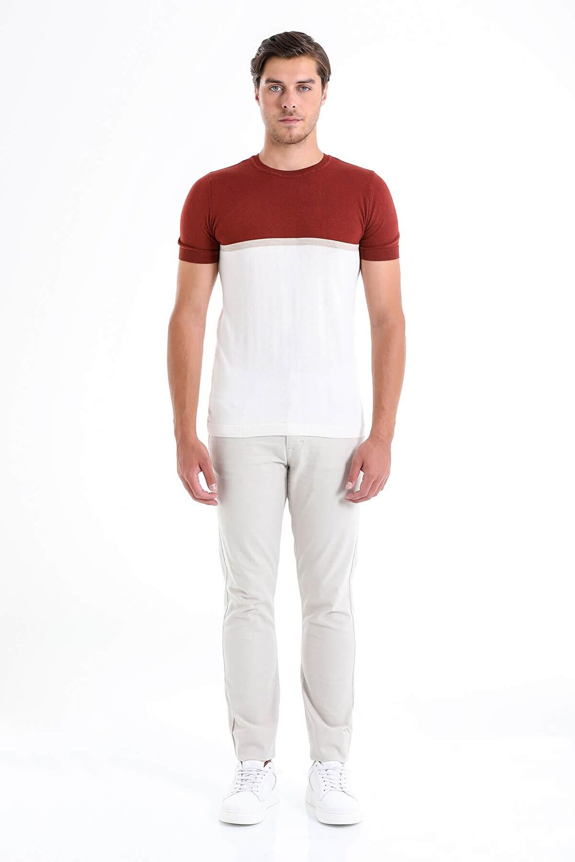 Kiremit Slim Fit Desenli Bisiklet Yaka Tişört | XXL