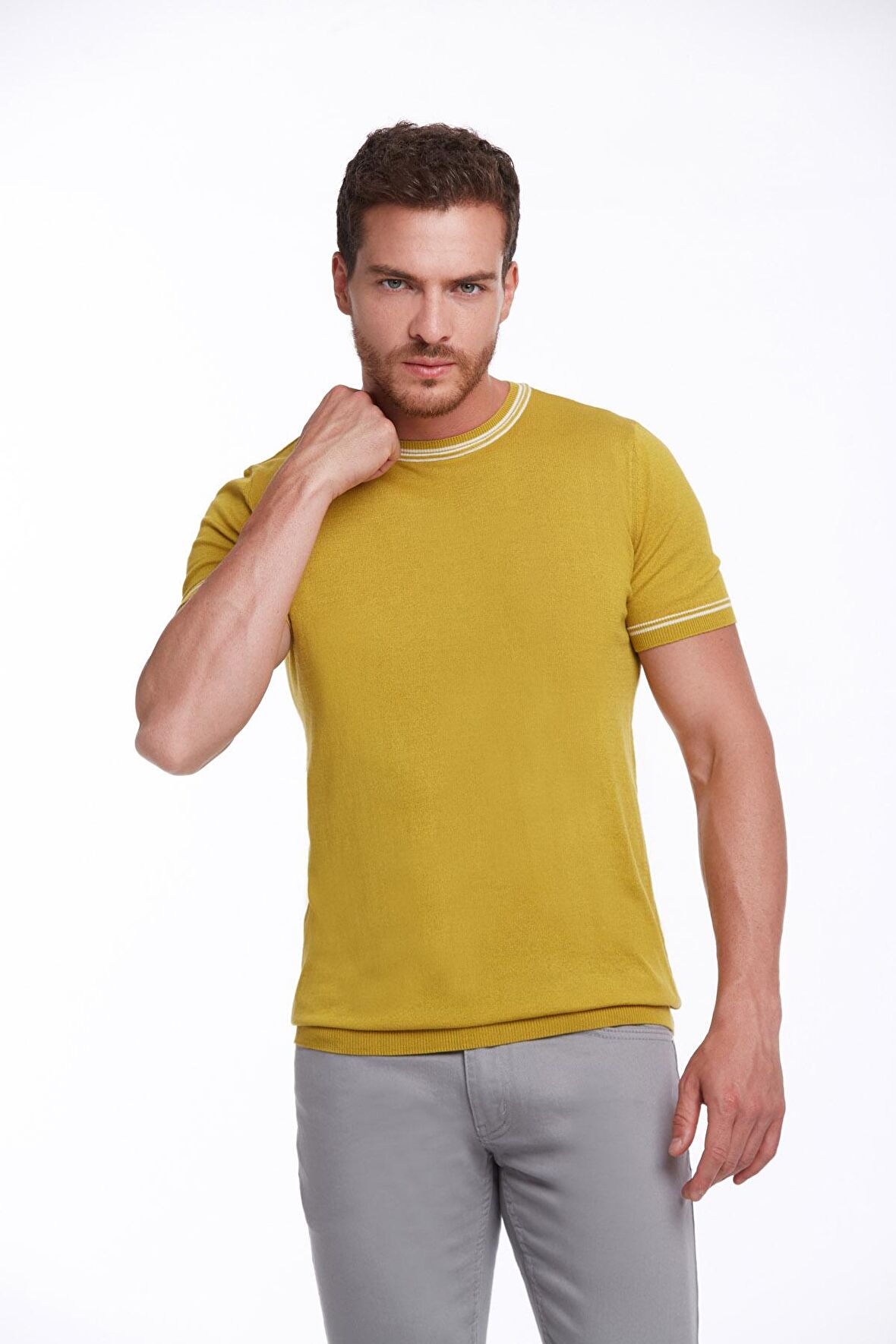 Hardal Slim Fit Basic Bisiklet Yaka Triko Tişört | M