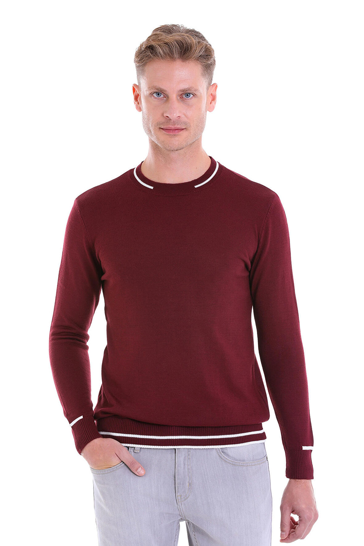 Bordo Regular Fit Çizgili Yün Bisiklet Yaka Triko Kazak | XXL
