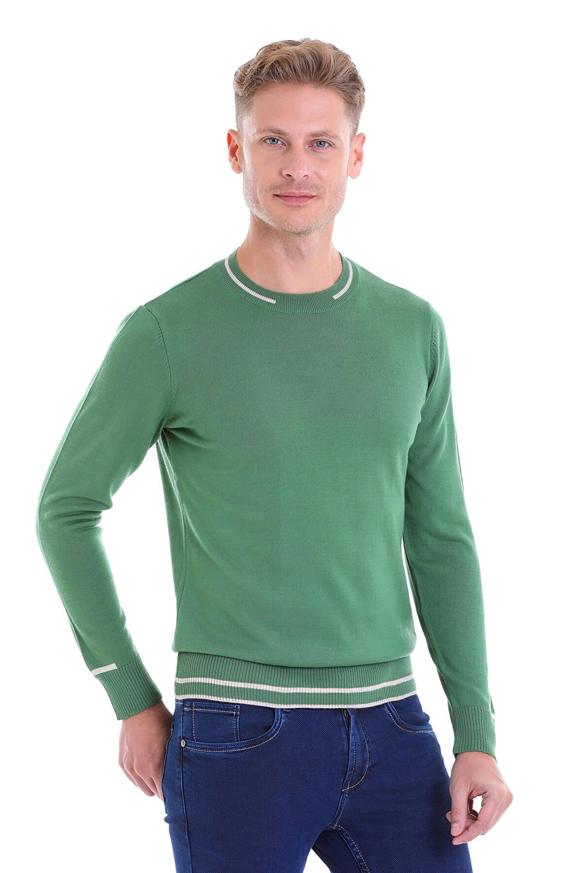 Yeşil Regular Fit Çizgili Yün Bisiklet Yaka Triko Kazak | L
