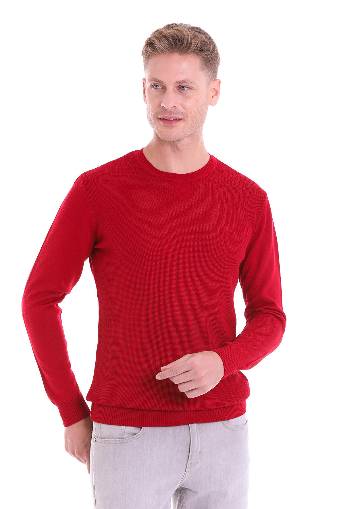 Kırmızı Regular Fit Çizgili Yün Bisiklet Yaka Triko Kazak | S