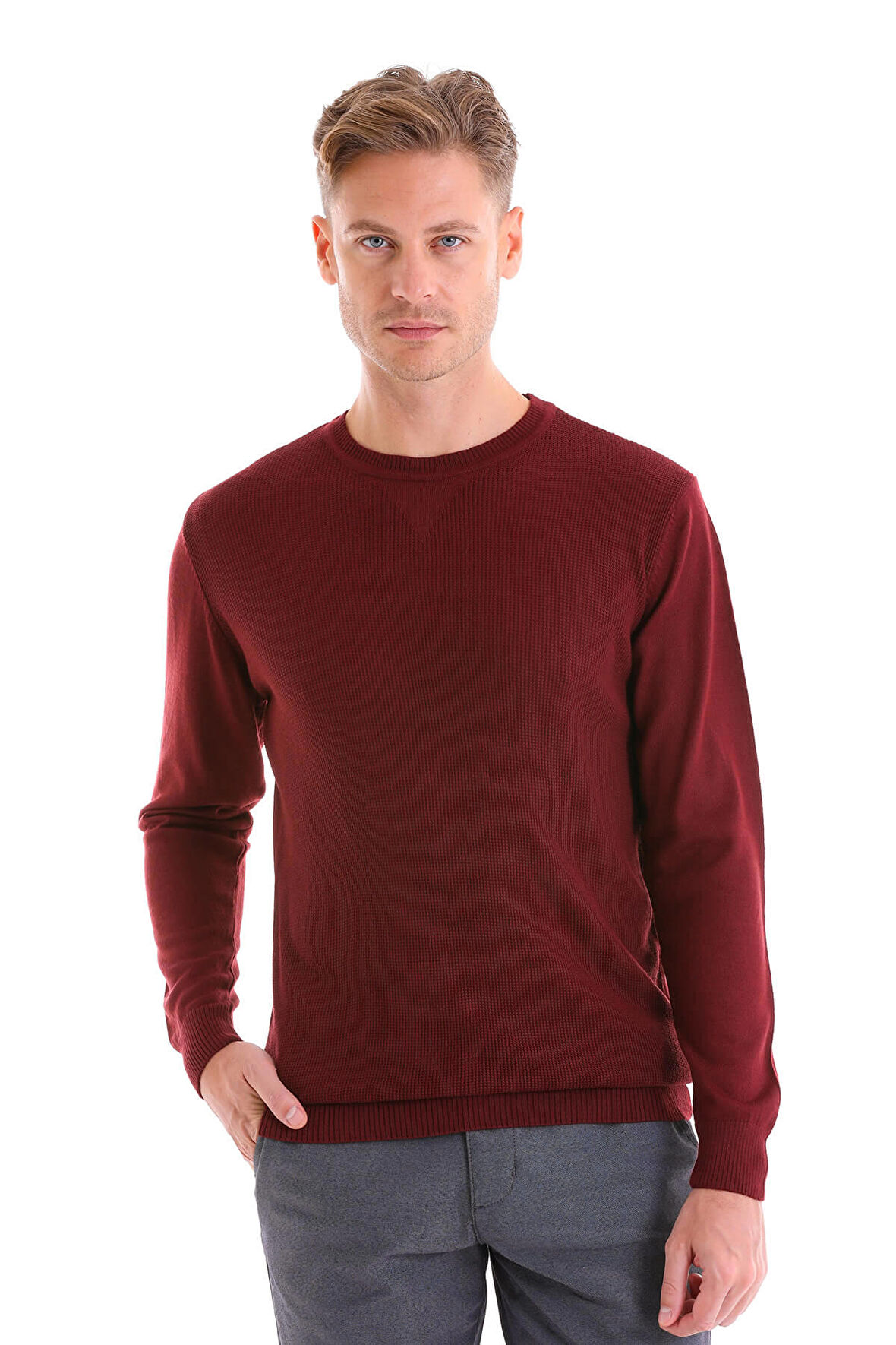 Bordo Regular Fit Çizgili Yün Bisiklet Yaka Triko Kazak | XL