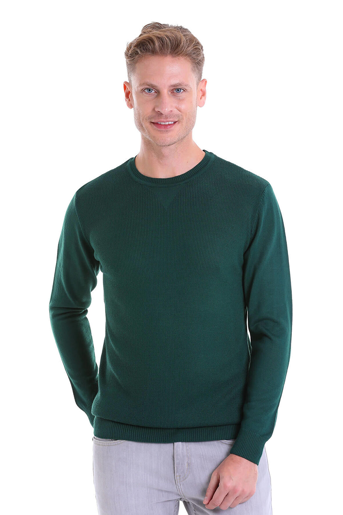 Koyu Yeşil Regular Fit Çizgili Yün Bisiklet Yaka Triko Kazak | XL