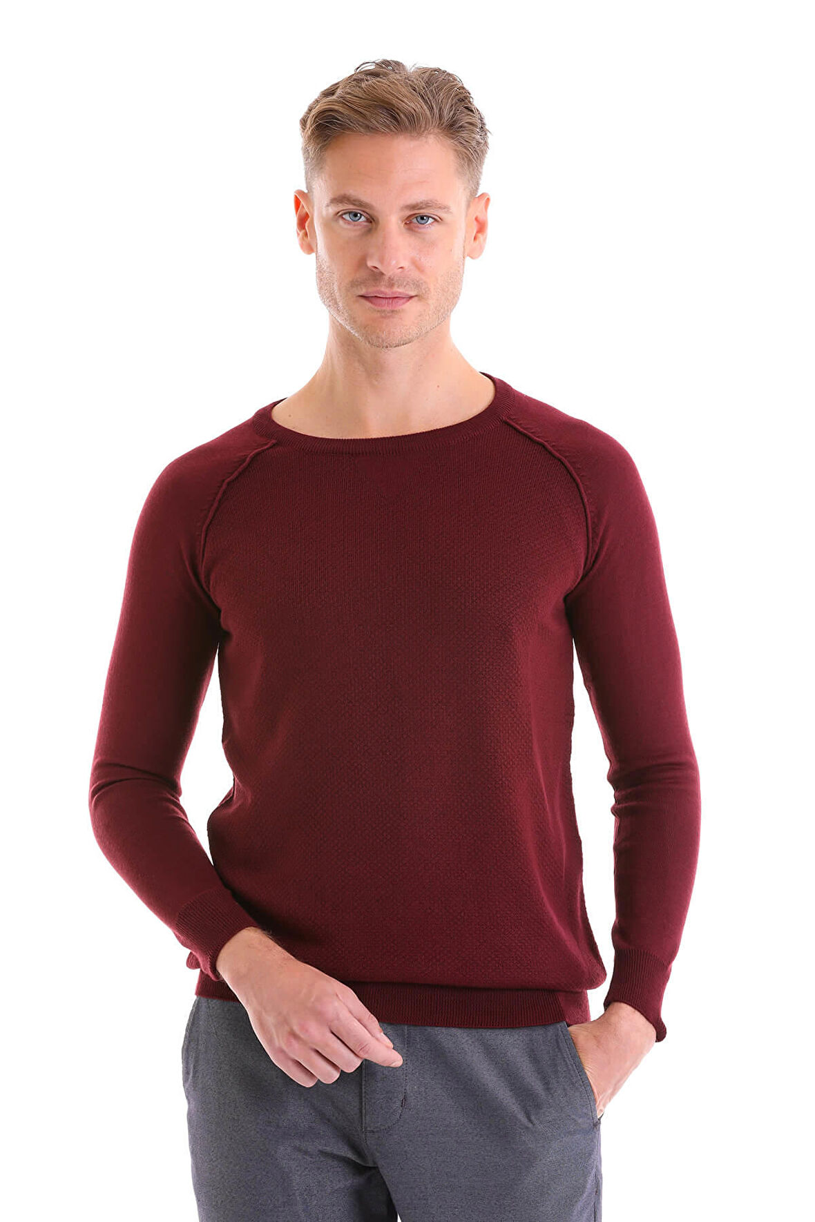 Bordo Regular Fit Düz Bisiklet Yaka Yün Triko Kazak | M