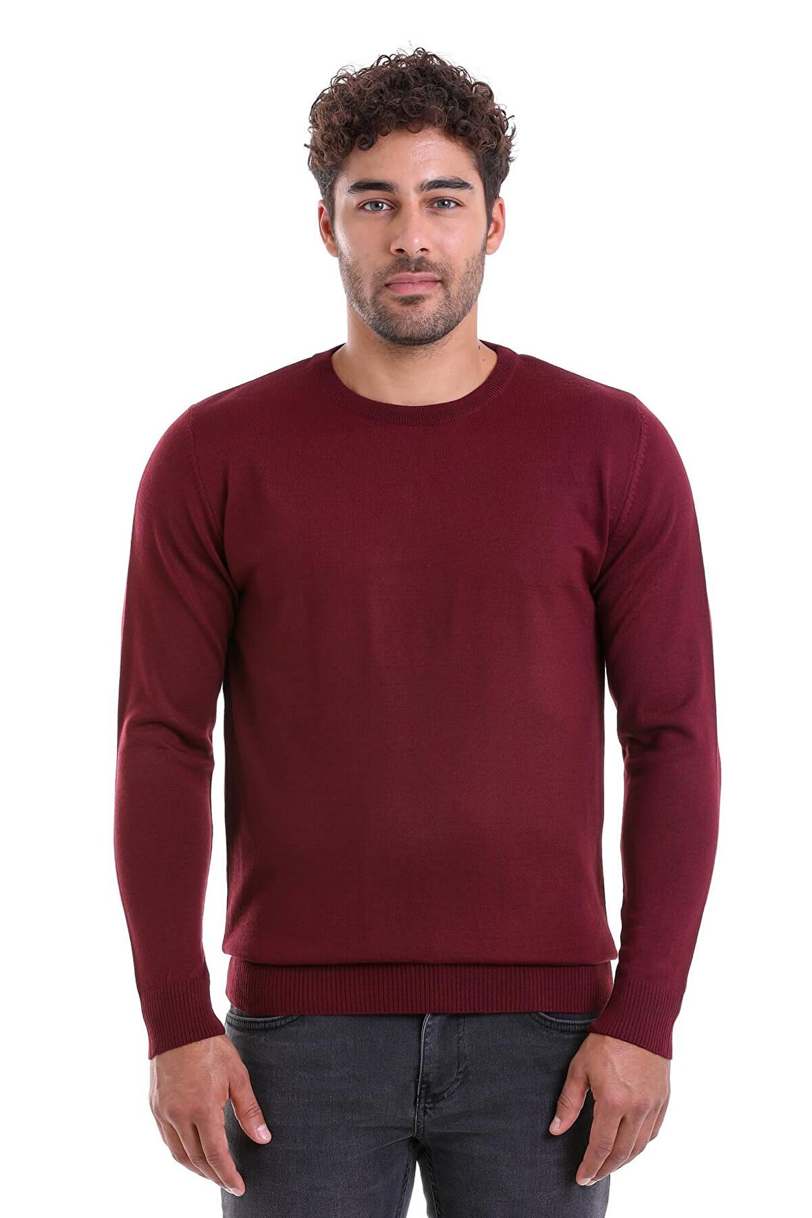 Erkek Bordo Regular Fit Yünlü Düz Bisiklet Yaka Triko Kazak | M