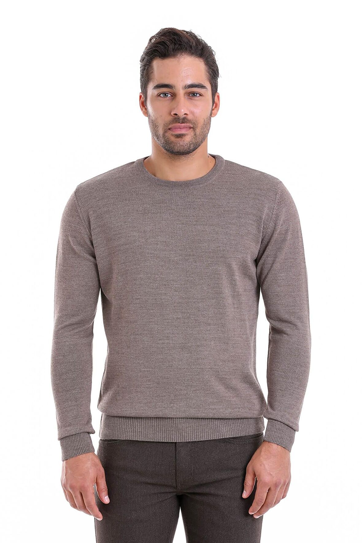 Erkek Vizon Regular Fit Yünlü Düz Bisiklet Yaka Triko Kazak | XL