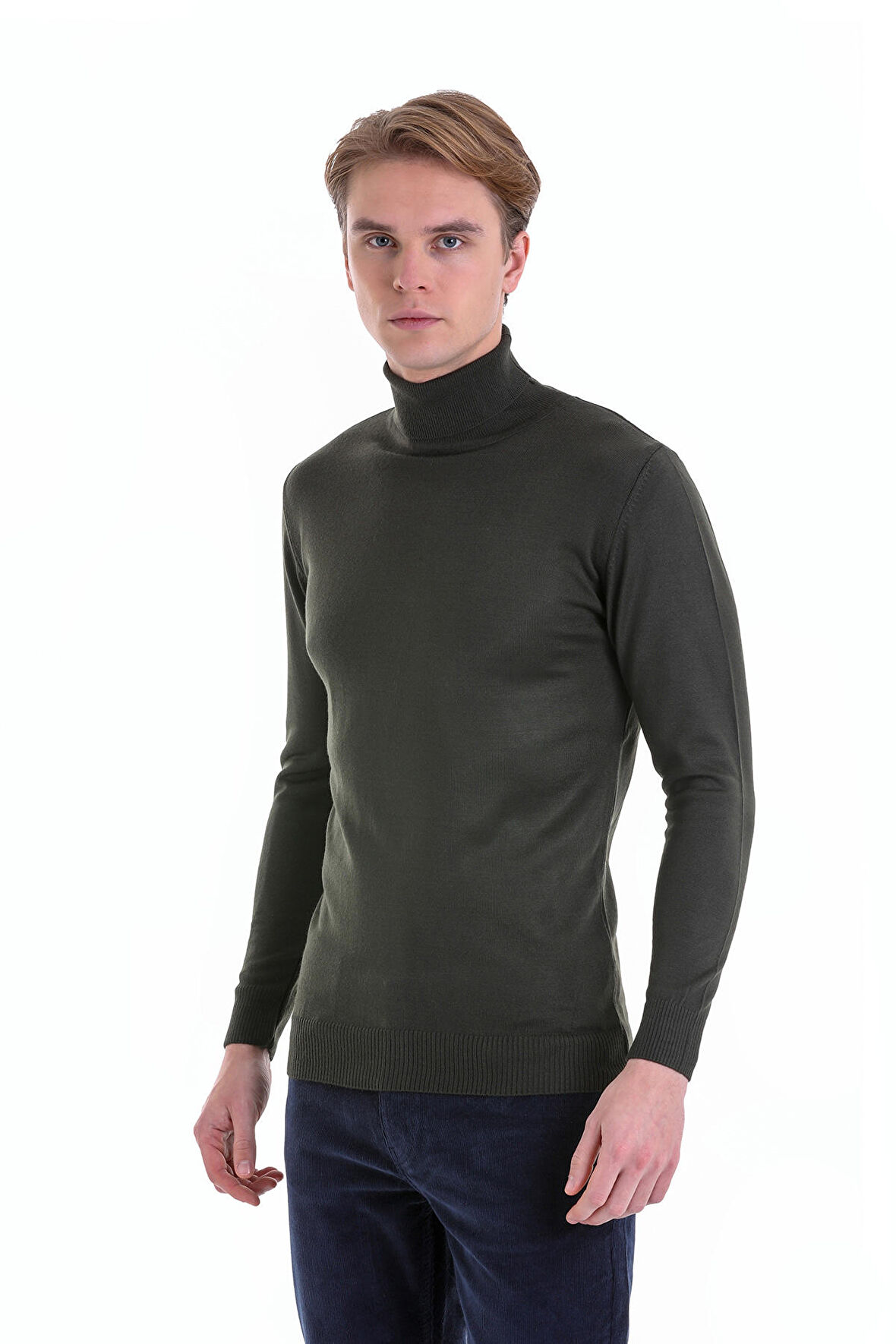 Haki Regular Fit Düz Balıkçı Yaka Yün Triko Kazak | S