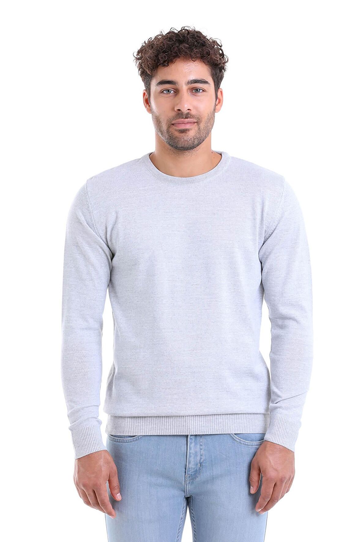 Erkek Gri Regular Fit Yünlü Düz Bisiklet Yaka Triko Kazak | 3XL