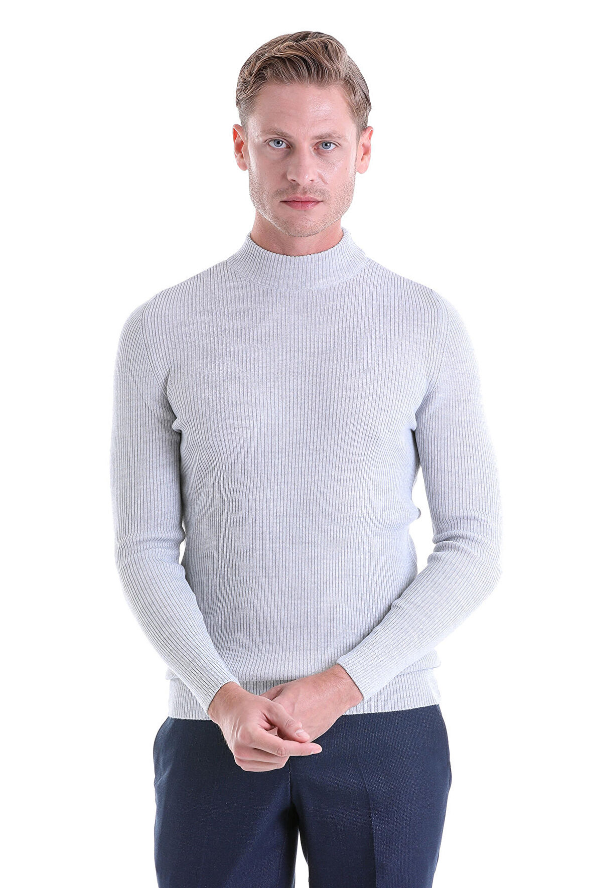 Gri Regular Fit Düz Balıkçı Yaka Klasik Yün Triko Kazak | L