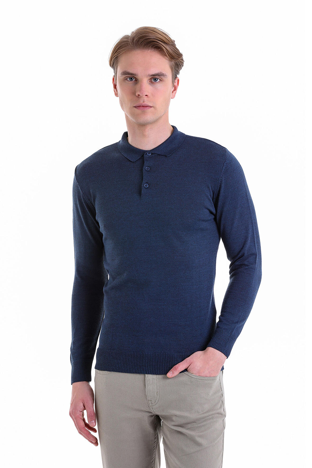 İndigo Regular Fit Düz Polo Yaka Yün Triko Kazak | M