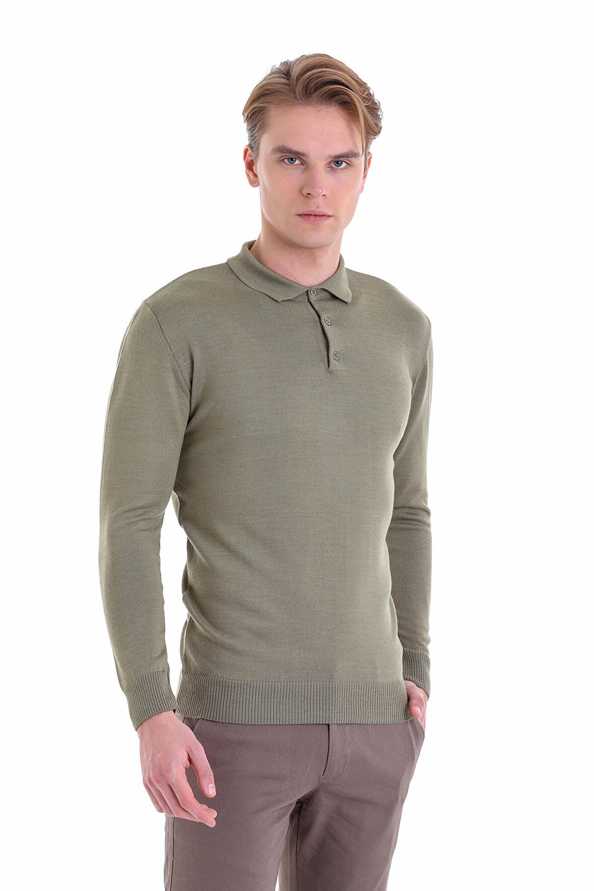 Yeşil Regular Fit Düz Polo Yaka Yün Triko Kazak | M