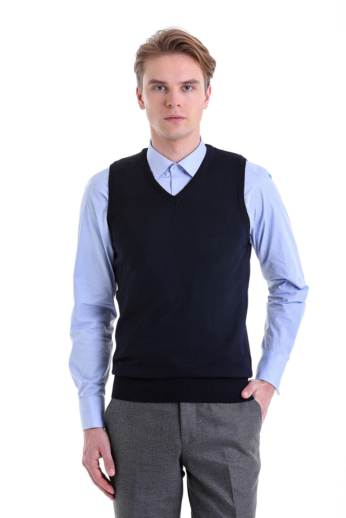 Lacivert Regular Fit Düz V Yaka Yün Triko Süveter | S