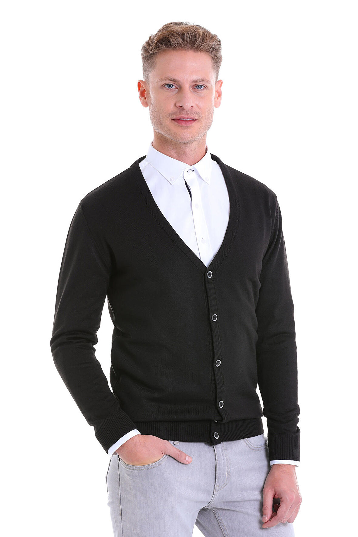 Regular Fit Düz V Yaka Yün Triko Yelek