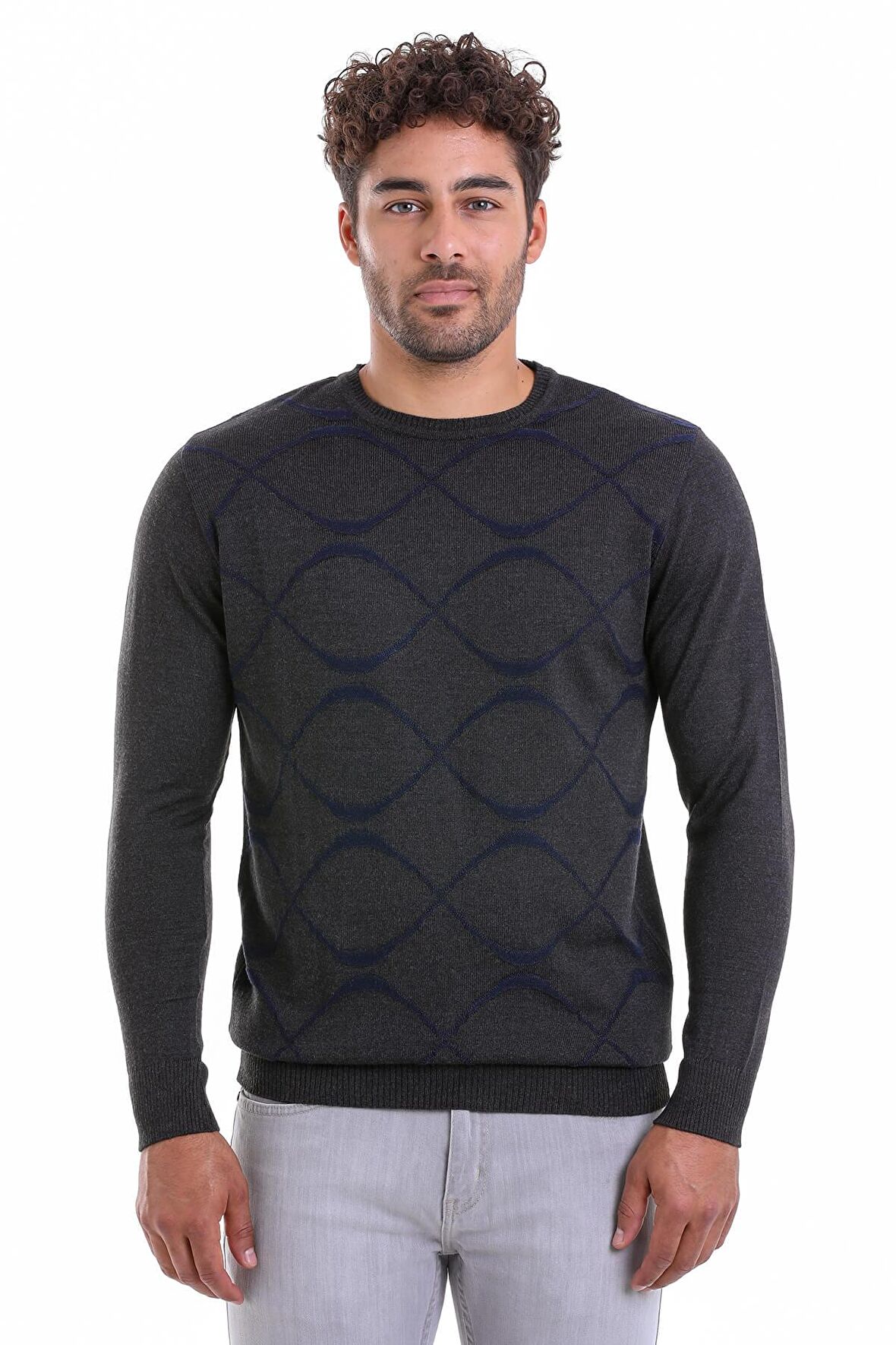 Erkek Antrasit Regular Fit Yünlü Desenli Bisiklet Yaka Triko Kazak | M