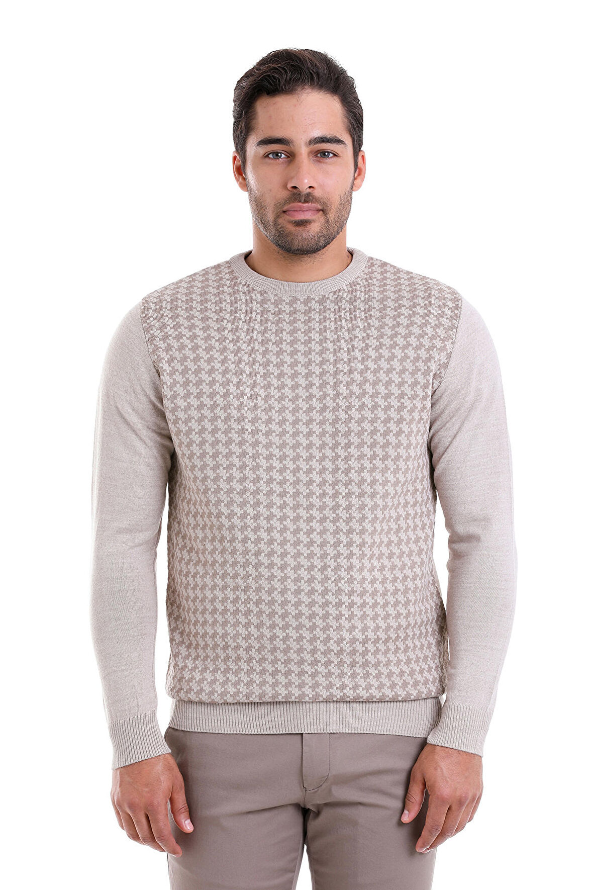 Bej Regular Fit Yünlü Desenli Bisiklet Yaka Triko Kazak | 3XL