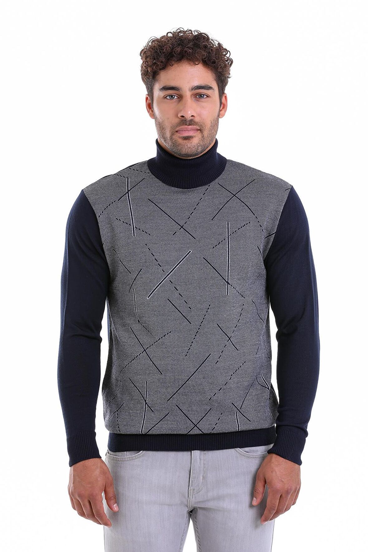 Erkek Lacivert Regular Fit Yünlü Desenli Balıkçı Yaka Triko Kazak | S
