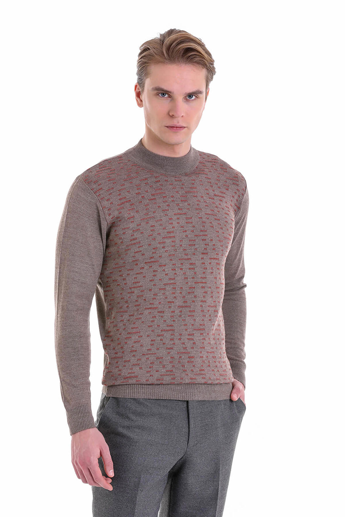 Vizon Regular Fit Desenli Yarım Balıkçı Yaka Yün Triko Kazak | 3XL