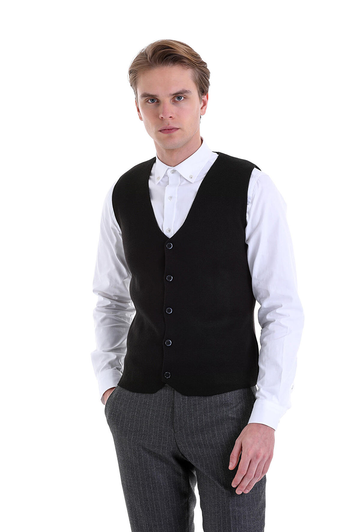 Regular Fit Düz Düğmeli Yaka Yün Triko Yelek