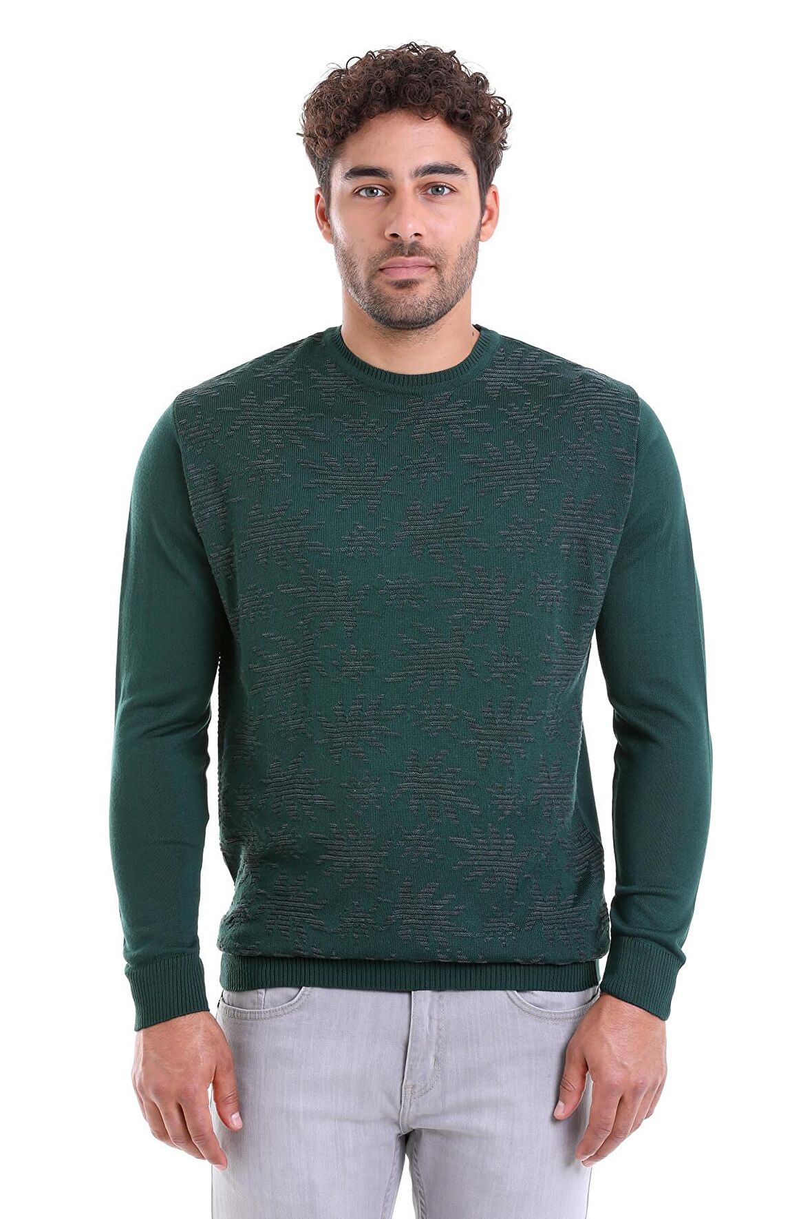 Erkek Yeşil Regular Fit Yünlü Desenli Bisiklet Yaka Triko Kazak | XL