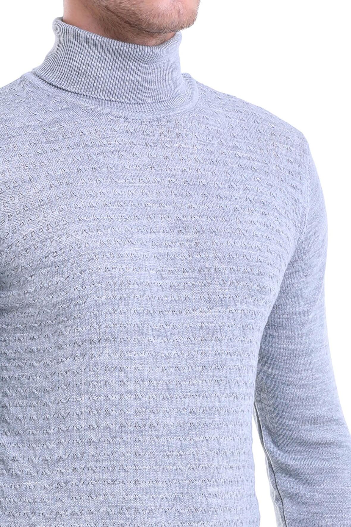 Gri Desenli Tam Balıkçı Yaka Regular Fit Triko Kazak | XL