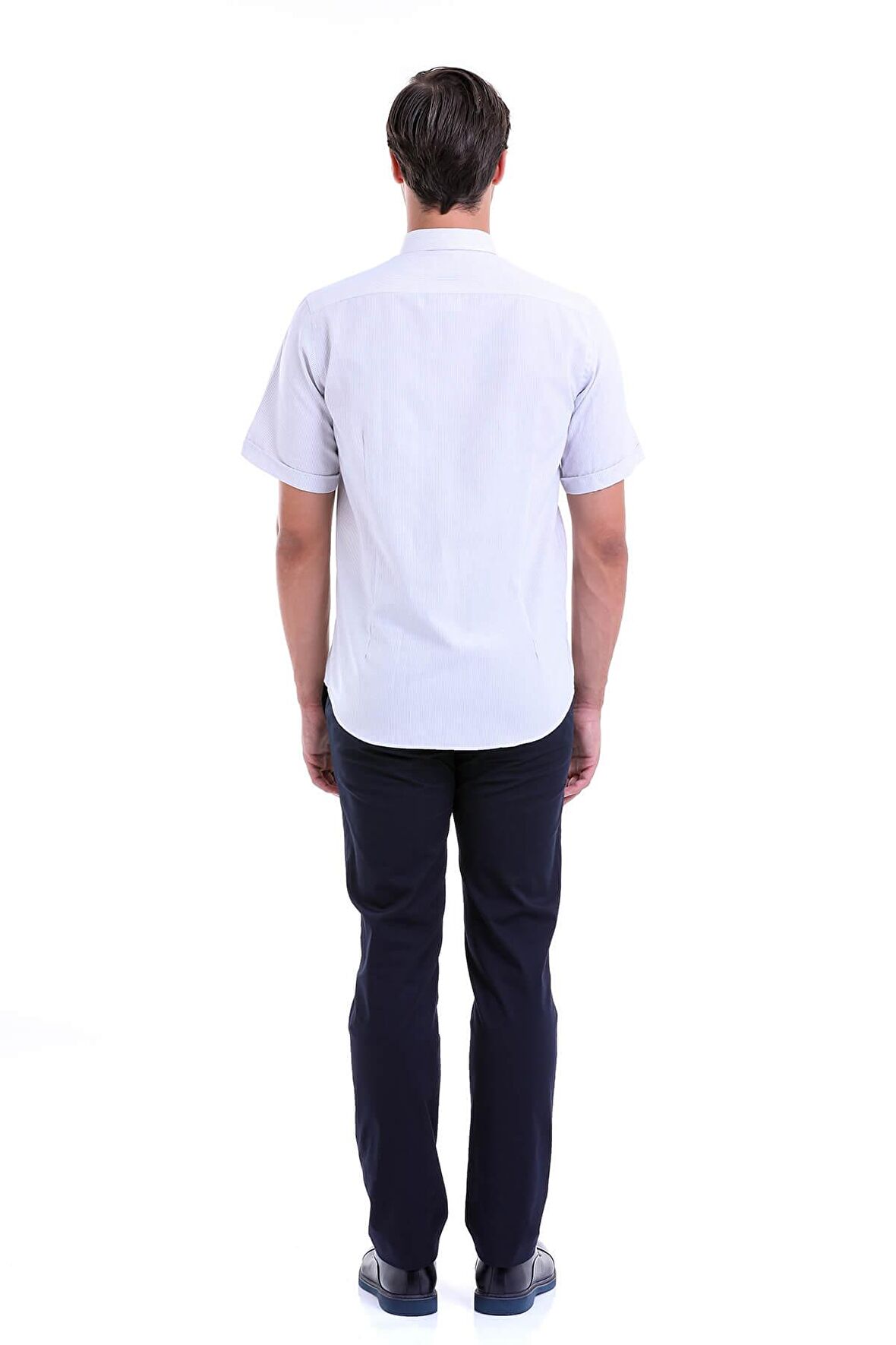 Gri Çizgili Regular Fit Pamuklu Kısa Kol Gömlek | S