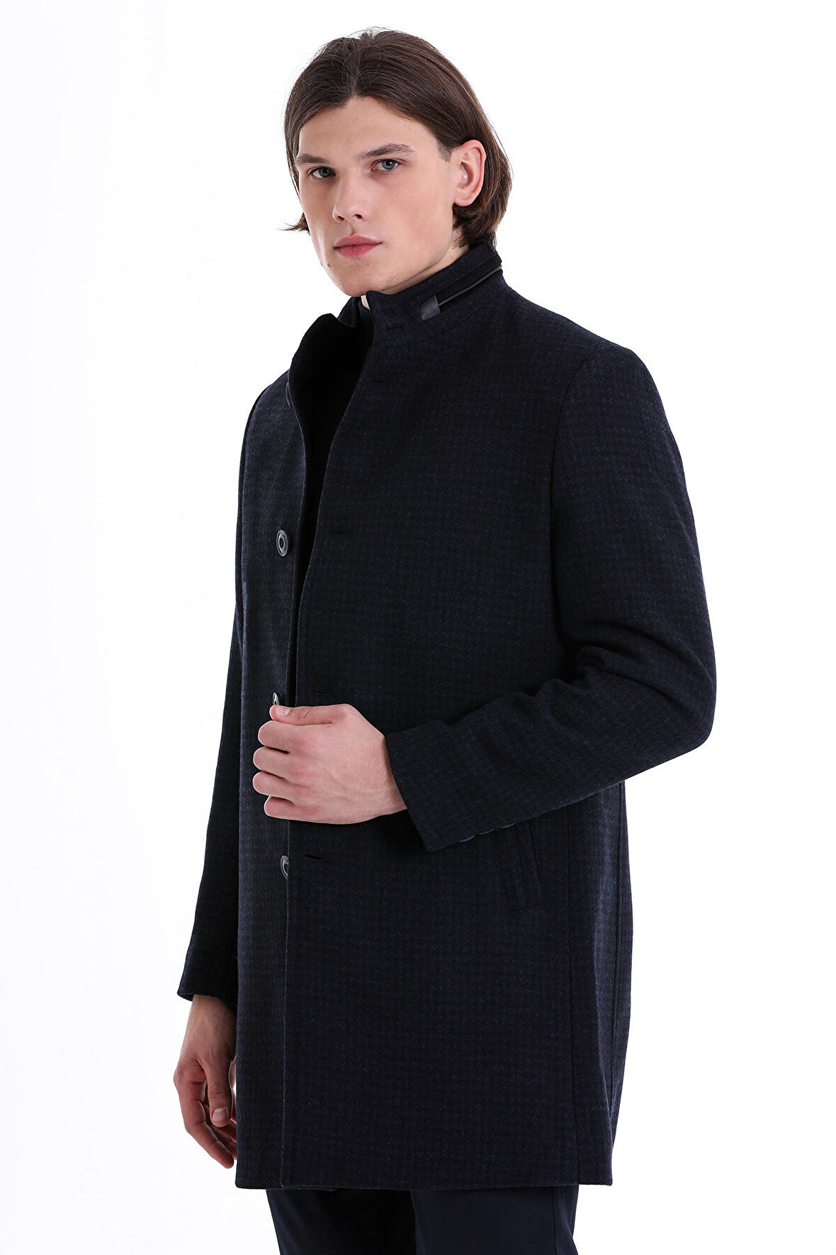 Lacivert Slim Fit Desenli Hakim Yaka Yünlü Kaşe Palto | XL