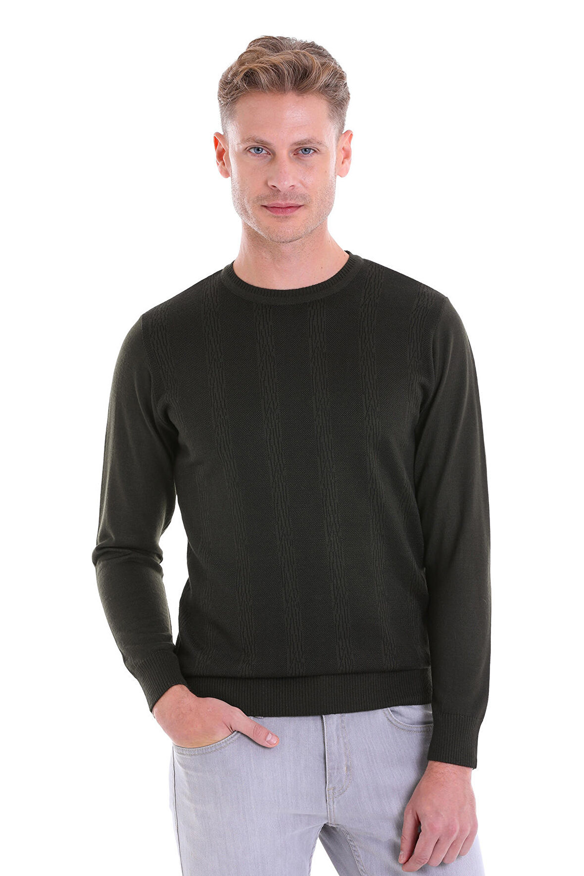 Haki Regular Fit Desenli Yün Bisiklet Yaka Triko Kazak | 3XL