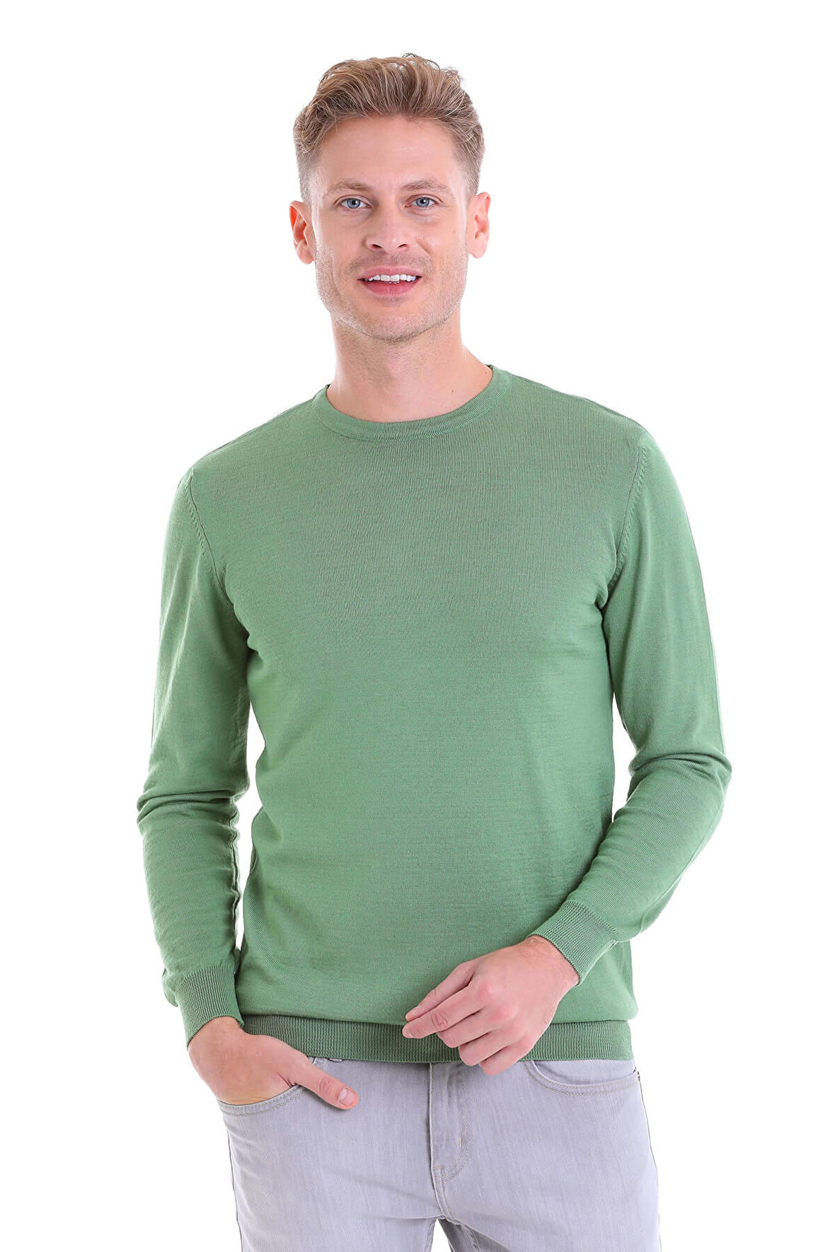 Yeşil Regular Fit Düz Yün Bisiklet Yaka Triko Kazak | XL
